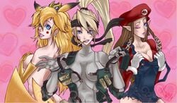 3girls bodysuit breasts cigarette cleavage cosplay female female_only female_with_female human hylian large_breasts lips mario_(cosplay) mario_(series) mario_cap metal_gear metal_gear_solid metroid multiple_girls nintendo nude overalls pikachu_(cosplay) pointy_ears pokemon pokemon_(cosplay) princess_peach princess_zelda samus_aran solid_snake_(cosplay) straight_hair super_smash_bros. the_legend_of_zelda twilight_princess zelda_(twilight_princess)