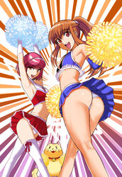 amemiya_sayaka armpits arms_up ass bell bell_collar brown_eyes brown_hair cheerleader collar elbow_gloves feline female female_only from_behind gloves hairband kamitsuki_manmaru long_hair looking_back midriff multiple_girls nintendo open_mouth osu!_tatakae!_ouendan ouendan panties pink_hair pom_poms ponytail red_eyes rin_shirosaki sayaka_amemiya shirosaki_rin short_hair skirt smile thighhighs tied_hair underwear upskirt white_legwear white_panties