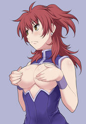 breast_hold breasts covering covering_breasts framed_breasts gundam gundam_00 maruto maruto! nena_trinity open_clothes open_shirt pointy_chin red_hair shirt sweatdrop yellow_eyes