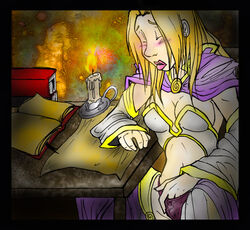 1girls blonde_hair blush book breasts candle cleavage closed_eyes color female fingering hand_in_panties human jaina_proudmoore map masturbation panties sketch solo warcraft