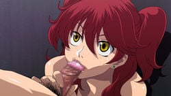 eye_contact fellatio female_villain freckles freckles_on_face gundam gundam_00 hair humanoid iroiro looking_up nena_trinity oral pale-skinned_female pale_skin red_hair tied_hair twintails villainess yellow_eyes