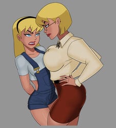 2girls alien alien_girl angry asymmetrical_docking big_breasts blonde blonde_hair blue_eyes breasts cartoon_network cleavage clone clones dc dc_comics dcau female female_focus female_only fully_clothed galatea glasses grey_background hands_on_hips huge_ass huge_breasts kara_zor-el kryptonian long_hair muscular_female naughty_face pencil_skirt power_girl pressing_breasts_together sci-fi science_fiction scifi secretary seductive selfcest sexual_tension short_skirt size_difference sunsetriders7 supergirl superman_(series) thick_thighs tight_clothing toonami young_woman young_woman_and_milf yuri