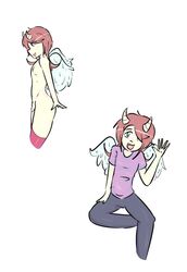 1boy clothed clothing crossdressing demon femboy girly horn humanoid kittyodic_(artist) legwear looking_at_viewer male male_only open_mouth penis simple_background solo stockings thighhighs topless white_background wings