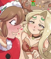 blush christmas karbuitt kid_icarus kid_icarus_uprising mistletoe nosebleed pit_(kid_icarus) reindeer_antlers reindeer_costume santa_costume santa_hat viridi