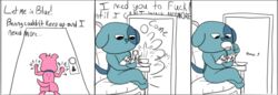 anonymous_artist begging beverage canid canine canis cartoon_network comic domestic_dog female humor male mammal mao_mao:_heroes_of_pure_heart ol'_blue penny_(mao_mao:_heroes_of_pure_heart) pussy reading sipping tea