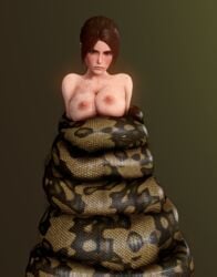 3d areolae bare_shoulders big_breasts breasts brown_hair busty coils female female_focus female_only kingocrsh lara_croft lara_croft_(classic) large_breasts nipples snake solo tagme tomb_raider