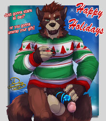 2019 5_fingers ailurid anthro balls beard beverage big_balls big_penis biped black_nose black_penis bodily_fluids border bottomless bow brown_body brown_fur christmas christmas_sweater claws clothed clothing cup dialogue duo_(artist) english_text eyebrows facial_hair fangs fingers fluffy fluffy_tail front_view fur genital_fluids green_eyes hair half-closed_eyes half-erect hand_on_hip hi_res holding_mug holding_object holidays huge_balls humanoid_penis liam_(duo) looking_at_viewer male male_only mammal narrowed_eyes neck_tuft penis precum pubes red_body red_fur red_hair red_panda red_text signature simple_background solo standing sweater talking_to_viewer teeth text topwear tuft vein veiny_penis white_border