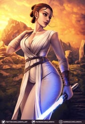 1girls background bandage brown_eyes brown_hair cleavage clothed curvy female female_focus female_only jedi jedi_knight jedi_padawan lightsaber luminyu rey smile smiling solo star_wars the_rise_of_skywalker