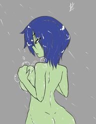 ass big_breasts blue_hair breasts from_behind green_skin hands_on_breasts inuyuru mona_(shovel_knight) shovel_knight shower yacht_club_games