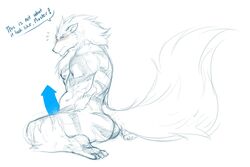 1boy 2014 anthro arcanine ass barely_visible_genitalia barely_visible_penis blush canine censored creative_censorship dialogue english_text erection eye_contact fur furry half-closed_eyes kneeling looking_at_viewer maiofu male male_only mammal muscular muscular_male nintendo nude original_character partially_colored pokemon pokemon_(species) pokemon_rgby sketch solo striped_body striped_fur stripes text thick_thighs video_games