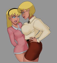 2girls alien alien_girl angry angry_face asymmetrical_docking big_breasts blonde blonde_hair blue_eyes breasts cartoon_network clone clones dc dcau female female_focus female_only galatea grey_background hands_on_hips huge_ass huge_breasts kara_zor-el long_hair multiple_girls muscular_female naughty_face pressing_breasts_together sci-fi science_fiction scifi secretary seductive selfcest short_skirt sunsetriders7 supergirl superman_(series) thick_thighs toonami yuri