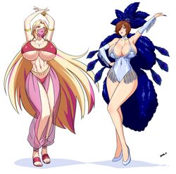 2girls absurd_res belly_dancer belly_dancer_outfit blonde_hair breasts brown_hair cleavage devil-v gigantic_breasts harem_outfit highres huge_breasts open_toe_shoes