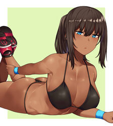 ass black_hair blue_eyes dark-skinned_female dark_skin dat_ass hai_ookami large_breasts looking_at_viewer on_floor open_mouth original shoes short_hair stretching thong_bikini