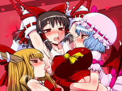 armpit armpit_licking armpits arms_behind_back arms_up blonde_hair blue_hair blush bondage breasts brown_hair female hat heart large_breasts pink_background red_eyes reimu_hakurei remilia_scarlet saliva short_hair steam steamy_breath suika_ibuki sweat tongue touhou vampire yuri