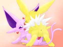 1boy 1girls 4:3 bodily_fluids cum eeveelution espeon female furry genital_fluids half-closed_eyes heart hi_res jolteon kenikenikeke male mammal nintendo open_mouth penis pokémon_(species) pokemon pokemon_(species) pokemon_gsc pokemon_rgby sex source_request testicles video_games