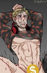 1boy ahe_gao blonde_hair bottomless censored crying crying_with_eyes_open drooling forced_yaoi grey_background headphones human human_only male_focus male_only malesub open_legs pewdiepie shirt_lift shirt_up six_pack tears white_skin youtuber youtuber_boy