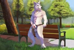 1boy 2018 animal_genitalia animal_penis anthro balls bench black_nose bodily_fluids canid canine canine_penis canis cheek_tuft clothed clothing collar detailed detailed_background facial_tuft fluffy fluffy_tail fur genital_fluids grass inner_ear_fluff light lighting loincloth male male_only mammal park peeing penis plant sheath shrub sidewalk snowfoxatheart solo standing sunlight topless tree tuft urine white_body white_fur wolf