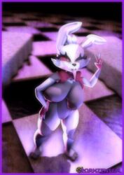 3d above_view anthro big_breasts big_eyelashes big_eyes bowtie breast_swaying breasts bunny bunny_ears bunny_teeth five_nights_at_freddy's five_nights_at_freddy's:_help_wanted five_nights_at_freddy's:_security_breach fluffy_hair furry hand_on_hip legs_apart long_tongue looking_at_viewer multicolored_fur naked nipples pornzensfm_(artist) rabbit_feet red_eyes snout source_filmmaker swaying table thick_thighs tongue_out v vagina vanny_(fnaf)