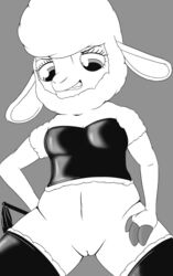 a-signature anthro black_and_white bovid caprine clothed clothing dawn_bellwether disney eyelashes female fur grey_background hi_res legwear mammal naughty_face no_panties no_underwear portrait pose pussy sheep simple_background solo stockings teeth three-quarter_portrait wool_(fur) zootopia