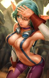 goggles_around_neck green_hair jak_and_daxter keira_hagai suspenders sweat sweating wiping_face