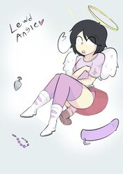 1boy anal anal_beads angel angle_(kittyodic) bottomwear buttplug caught clothed clothing crossdressing dildo girly heart hi_res horsecock kittyodic_(artist) legwear male male_only open_mouth sex_toy simple_background skirt solo stockings text wings