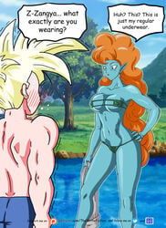 1girls alien_girl bikini blue_skin breasts dragon_ball dragon_ball_z earrings female human humanoid long_hair male micro_bikini orange_hair outdoors race_of_hera saiyan son_gohan son_gohan_(young) super_saiyan thewritefiction zangya