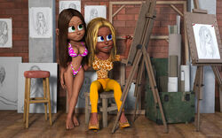 2girls 3d bare_shoulders barefoot bernadette_(kondaspeter) big_breasts bikini bikini_bottom bikini_top blonde_hair blue_eyes brown_hair busty censored chair choker cleavage curvy detailed_background eyelashes female female_only front_view green_eyes high_heels holding_object hourglass_figure human indoor inside kondaspeter long_hair midriff multiple_females multiple_girls pants pose posing room shadow shiny shiny_skin sitting skimpy spread_legs spreading standing thong vivi_(kondaspeter) voluptuous wide_hips yellow_hair