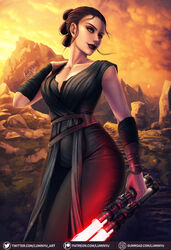 1girls 2019 background bandage black_hair cleavage clothed curvy double_bladed_lightsaber female female_focus female_only human jedi lightsaber looking_at_viewer luminyu red_lightsaber rey sith sith_lord sith_rey smile smiling solo star_wars the_rise_of_skywalker weapon yellow_eyes