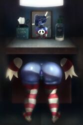 anal_only anus arm_warmers ass asshole blue_skin butthole covered_pussy huge_ass huge_butt leviathan_(skullgirls) linkzelda41 lube lubricant maebari portrait public_use pussy_covered pussy_tape skull skullgirls squigly stitches table thighhighs thighs through_wall