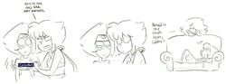 amethyst_(steven_universe) artist_name artist_signature assisted_exposure bar_censor breasts censor_bar censored couch drawbauchery female female_only gem gem_(species) lapis_lazuli_(steven_universe) leotard_pull monochrome nipple_censor peridot_(steven_universe) sketch steven_universe watermark yuri