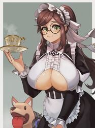 1girls brown_hair canine cleavage cleavage_cutout coffee constantia_s2_(last_origin) dog female glasses green_eyes huge_breasts last_origin long_hair maid maid_uniform pagong round_glasses smiling underboob