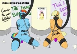 angry anthro applejack_(mlp) bodily_fluids body_writing bondage breasts cum cum_inside cum_tank cum_tube dildo fall_of_equestria female force_feeding friendship_is_magic genital_fluids my_little_pony nipple_piercing nude ponkpank rainbow_dash_(mlp) smooth_skin