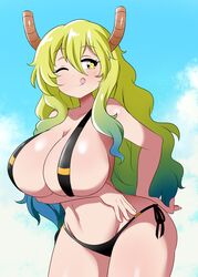 1girls arm_support big_breasts bikini black_and_yellow_sclera eye_closed female horns huge_breasts long_hair lucyfercomic miss_kobayashi's_dragon_maid multicolored_hair quetzalcoatl_(dragon_maid) string_bikini tagme thick_thighs