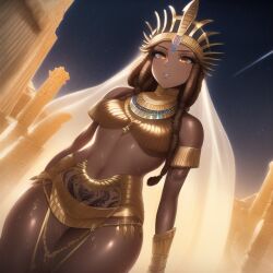 1girls ai_generated brown_hair cleopatra crown dark-skinned_female dark_skin egyptian egyptian_clothes egyptian_female egyptian_mythology midriff orange_eyes queen