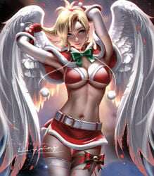 1girls angel angel_wings armpits arms_up artist_name backlighting bell belt belt_buckle bikini bikini_top_only blonde_hair blue_eyes blurry blurry_background bow bowtie breasts buckle capelet christmas cleavage collar commentary depth_of_field earrings elbow_gloves english_commentary feathered_wings female female_only fur-trimmed_bikini_top fur-trimmed_capelet fur-trimmed_skirt fur_trim gloves green_bow green_bowtie green_neckwear hands_in_hair highres jewelry jingle_bell large_breasts liang_xing long_hair looking_at_viewer mercy miniskirt navel overwatch parted_lips pink_lips pom_pom_(clothes) red_bikini red_bow red_capelet red_gloves red_skirt side_slit signature skirt smile solo stomach swimsuit thigh_gap thigh_strap thighhighs underboob watermark web_address white_thighhighs white_wings wings