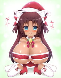 :3 animal_print areola_slip areolae bandeau bare_shoulders bell bell_collar between_legs blue_eyes blush bobblehat bow bow_legwear breasts brown_hair cat_girl christmas cleavage collar commission commissioner_upload cow_print dark_skin detached_collar elbow_gloves erect_nipples female female_focus full_body fur_trim gloves hair_ornament hairbow hands_between_legs hat highres huge_breasts kane-neko legs_apart long_hair looking_at_viewer miniskirt naomi_minette nipples original original_character pom_pom_(clothes) pov red_clothes red_gloves ribbon ribbon_legwear santa_costume santa_gloves santa_hat shiny shiny_hair shiny_skin shortstack sitting skirt smile solo strapless taut_clothes thighhighs tight tubetop two_side_up underboob wariza white_clothes white_legwear zettai_ryouiki