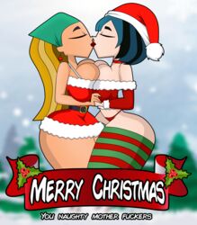 2girls ass bandana blonde_hair blue_hair breasts christmas cleavage clothing female female_only goth gwen_(tdi) holidays human human_only kissing lindsay_(tdi) santa_hat text total_drama_island vanilladream34 yuri