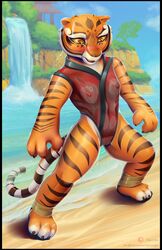 2019 absurd_res blush clitoris clothing dreamworks felid female hi_res kung_fu_panda mammal master_tigress nipples one-piece_swimsuit pantherine plantigrade pussy solo swimwear tiger translucent translucent_clothing viwrastupr water waterfall