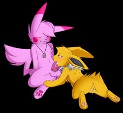 1boy 1girls alternate_color anthrofied anus ass black_background blush bodily_fluids canine cum cum_in_mouth cum_inside duo eeveelution feet fellatio female female_penetrated feral feral_on_anthro fur furry genital_fluids hair_over_one_eye half-closed_eyes interspecies jolteon male male_penetrating male_penetrating_female nintendo nude one_eye_closed oral original_character paws penetration penis pikachu pink_body pink_fur pokémon_(species) pokemon pokemon_rgby pussy reimachu rodent simple_background siqko source_request tapering_penis testicles tongue video_games yellow_body yellow_fur