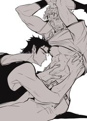 2boys age_difference arms_above_head big_pecs black_hair dilf gay grandfather_and_grandson happy_trail incest jojo's_bizarre_adventure joseph_joestar jotaro_kujo large_pecs long_eyelashes magojiji male male_nipples male_only monochrome old_joseph old_man older_male pecs stardust_crusaders treasure_trail undressing viiiola_beet yaoi younger_male