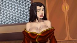 1girls after_sex areolae_slip avatar_the_last_airbender azula bare_shoulders bedroom black_hair clothing cum cum_on_breasts cum_on_face cum_on_hair cumshot female female_only hair_down large_breasts licking_lips lipstick looking_at_viewer nickelodeon no_bra partially_exposed_nipples robe robe_drop royalty solo sunsetriders7 tagme tongue_out yellow_eyes