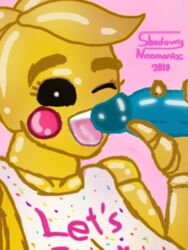 anthro bib big_breasts blue blush five_nights_at_freddy's handjob penis pink shadowy_neomaniac shiny shiny_penis shiny_skin toy_bonnie_(fnaf) toy_chica_(fnaf) waiting winking yellow