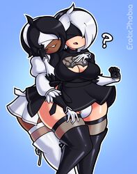 2futas alternate_costume big_breasts breasts bulge cleavage dark-skinned_futa dark_skin dickgirl eroticphobia futa_on_futa futanari intersex large_breasts nier nier:_automata soul_calibur thighhighs yorha_2b yorha_2p