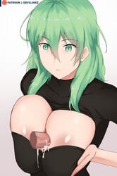 1boy 1girls alternate_breast_size big_breasts breasts byleth_(fire_emblem) byleth_(fire_emblem)_(female) censored clothed_female_nude_male clothed_paizuri cum cum_between_breasts devilukez ejaculation_between_breasts emotionless enlightened_byleth_(female) expressionless female fire_emblem fire_emblem:_three_houses green_eyes green_hair huge_breasts large_breasts male mosaic_censoring paizuri perpendicular_paizuri straight unseen_male_face white_background