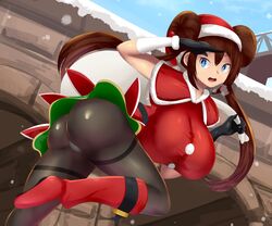 1girls alternate_breast_size alternate_costume alternate_outfit ass big_ass big_breasts breasts christmas female female_only holiday_rosa human large_breasts looking_at_viewer looking_back nintendo pantyhose pokemon pokemon_bw2 pokemon_masters rosa_(pokemon) sana!rpg santa_hat solo