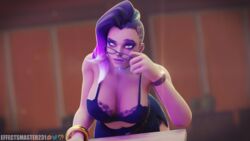 1girls 3d blender breasts effectsmaster231 female glasses looking_at_viewer overwatch purple_eyes purple_hair solo sombra teacher