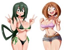 2girls belt big_breasts big_eyes bikini breasts brown_eyes brown_hair busty cleavage cropped_legs curvy cute dark_hair denim_shorts female female_focus female_only gesture green_bikini green_hair happy highleg highleg_panties hourglass_figure jean_shorts long_hair lucyfercomic matching_hair/eyes medium_hair my_hero_academia navel navel_line ochako_uraraka open_mouth revealing_clothes shiny_hair shiny_skin short_shorts shorts shounen_jump side-tie_bikini side-tie_panties small_but_busty smile tagme teenager thick_thighs thigh_gap thighs thin_waist tied_hair tight_clothing tongue tongue_out tsuyu_asui underboob v v_sign voluptuous wasp_waist whale_tail white_background wide_hips