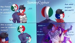 alukarein anal anal_sex bed beret blue_background blue_shirt comic countryhumans france france_(countryhumans) gay gripping_sheets legs_spread legs_up mexico mexico_(countryhumans) porn sammycypher socks spanish_text stickman striped_shirt sweatdrop yaoi