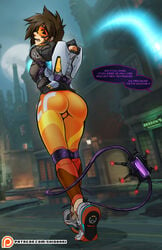 1girls ass blizzard_entertainment bodysuit bomber_jacket bondage brown_eyes brown_hair butt chronal_accelerator eyeshadow female freckles french_text fringe goggles harness human leather_jacket lezsub orange-tinted_eyewear orange_bodysuit overwatch overwatch_(logo) overwatch_2 shio-bari shoes short_hair skin_tight slim sneakers solo_focus spiked_hair spiky_hair tinted_eyewear tracer visor widowmaker yellow_eyes