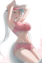 1girls animal_ear_fluff animal_ears armpits arms_above_head arms_up busty can_zhu female female_only indie_virtual_youtuber light-skinned_female light_skin meridian_project midriff mizuki_(vtuber) navel pink_shorts pink_sports_bra ponytail solo sports_bra thighs virtual_youtuber visor_cap white_background